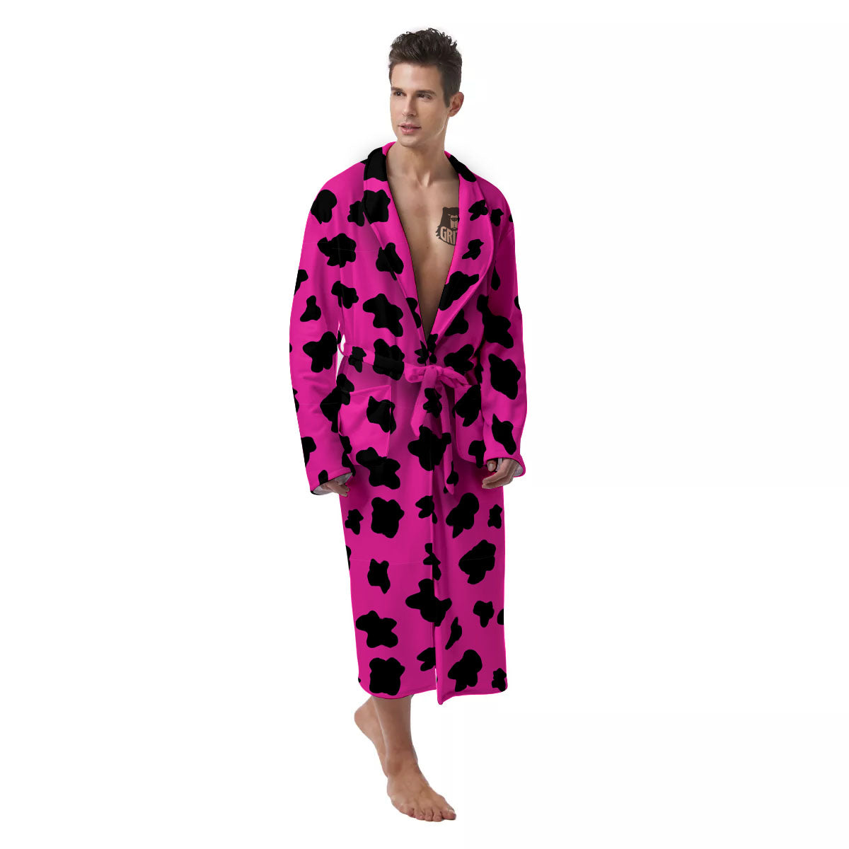 Hot Pink And Black Cow Print Men's Robe-grizzshop