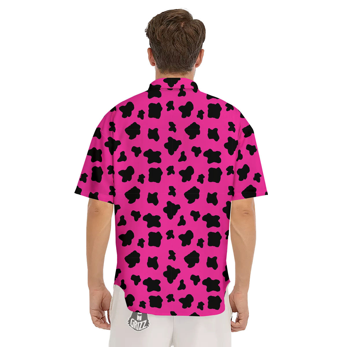 Hot Pink And Black Cow Print Men's Short Sleeve Shirts-grizzshop