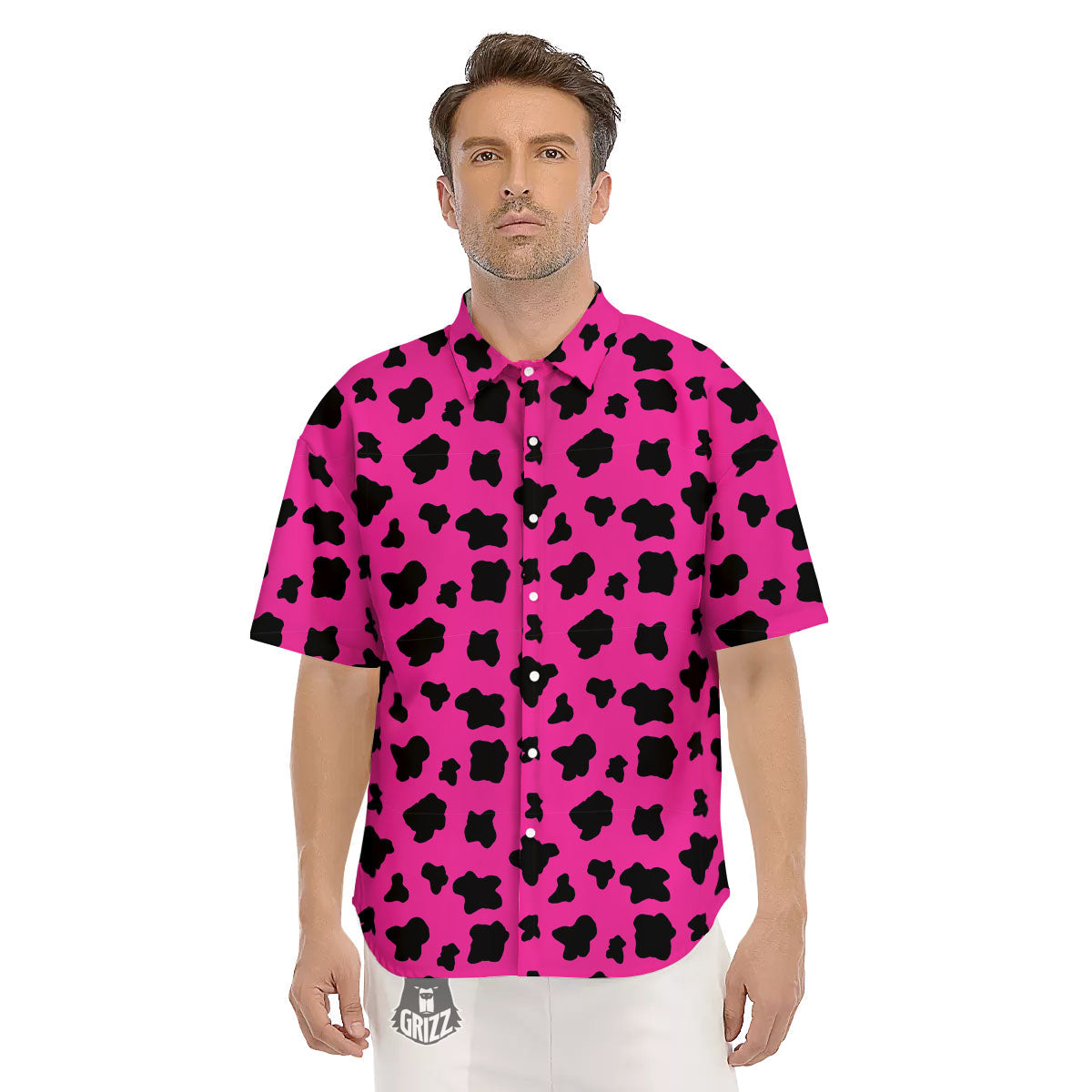 Hot Pink And Black Cow Print Men's Short Sleeve Shirts-grizzshop