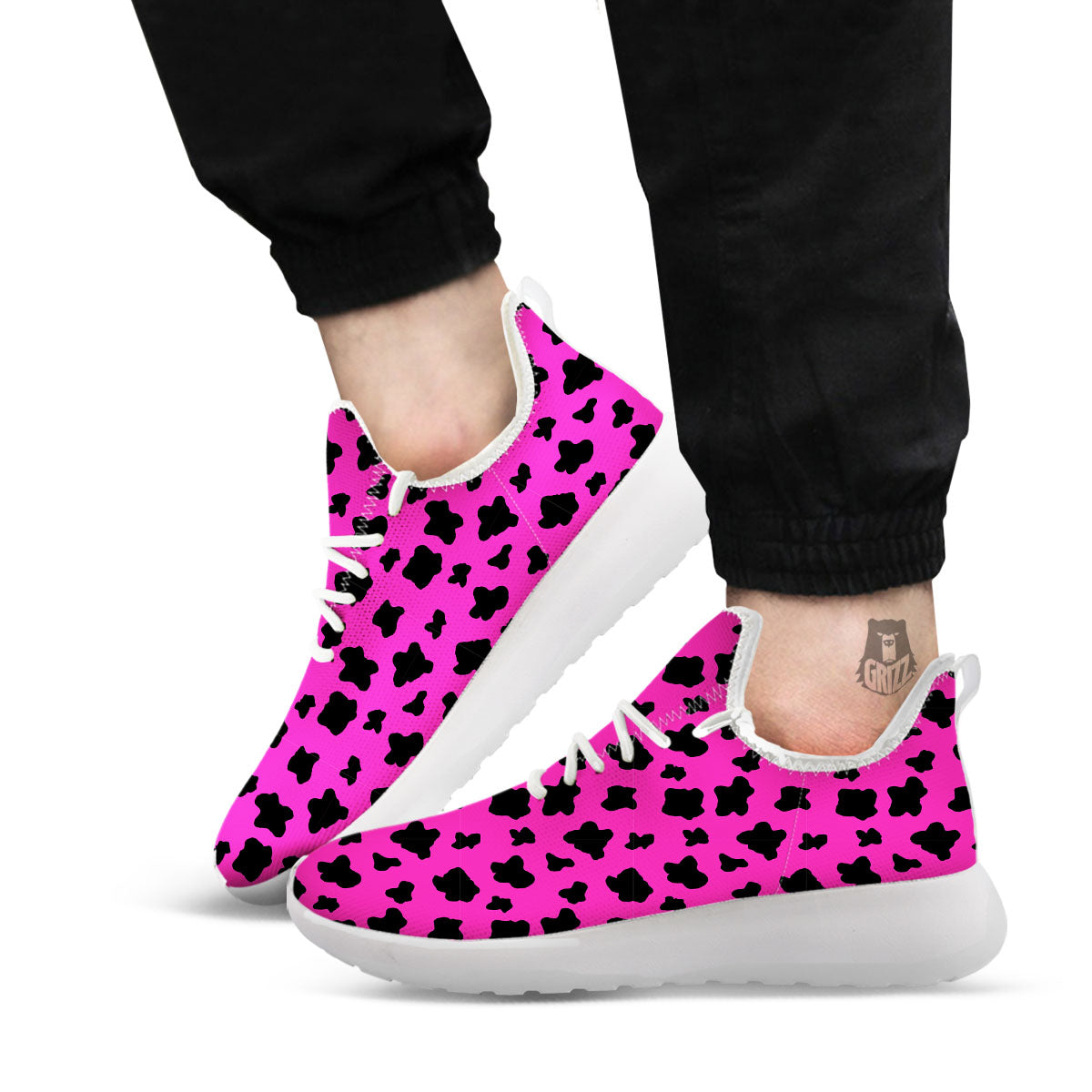 Hot Pink And Black Cow Print White Athletic Shoes-grizzshop