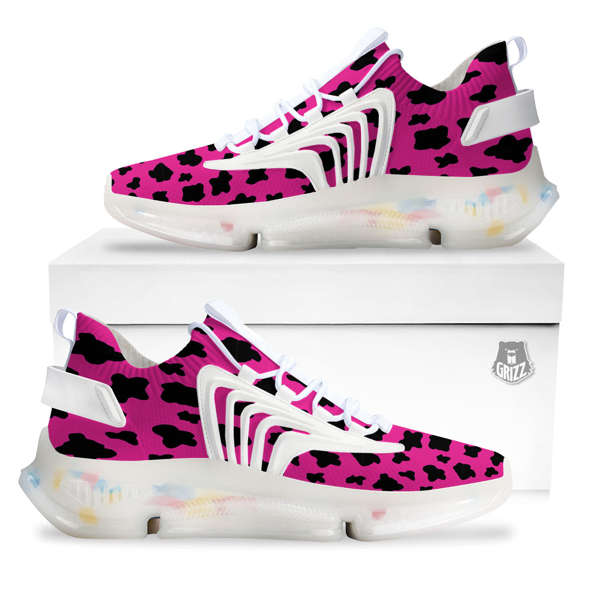 Hot Pink And Black Cow Print White Gym Shoes-grizzshop