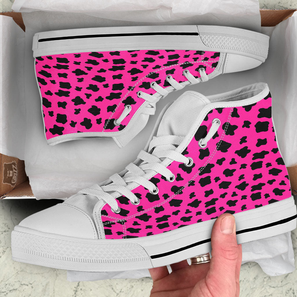 Hot Pink And Black Cow Print White High Top Shoes-grizzshop