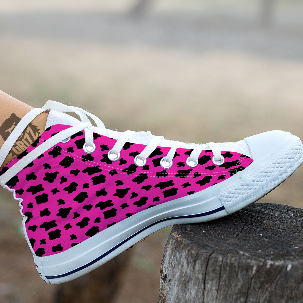 Hot Pink And Black Cow Print White High Top Shoes-grizzshop