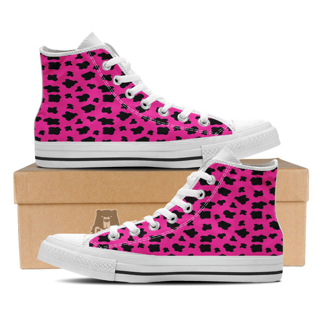 Hot Pink And Black Cow Print White High Top Shoes-grizzshop