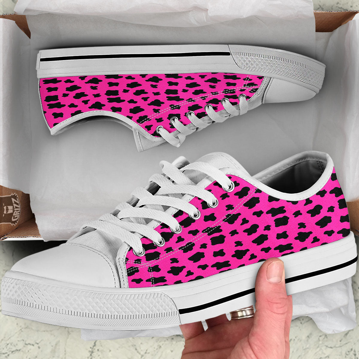 Hot Pink And Black Cow Print White Low Top Shoes-grizzshop