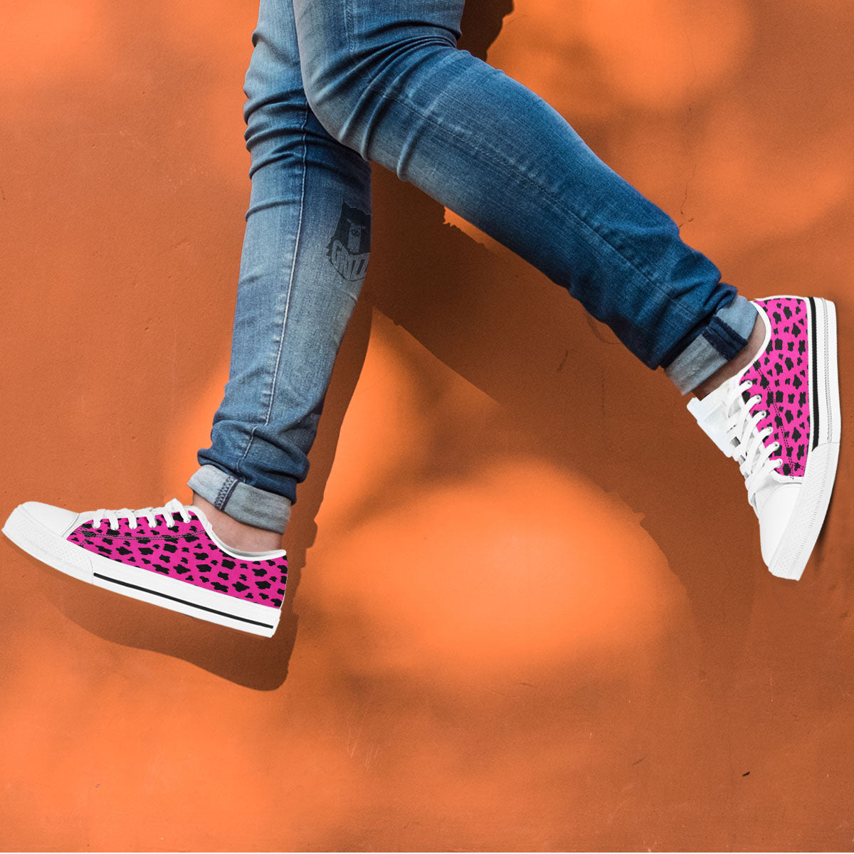 Hot Pink And Black Cow Print White Low Top Shoes-grizzshop