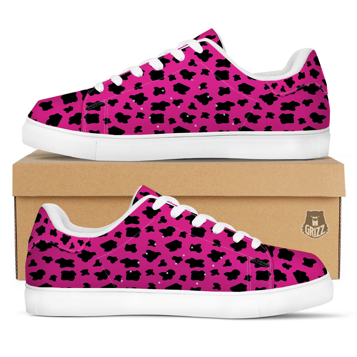 Hot Pink And Black Cow Print White Low Top Sneakers-grizzshop