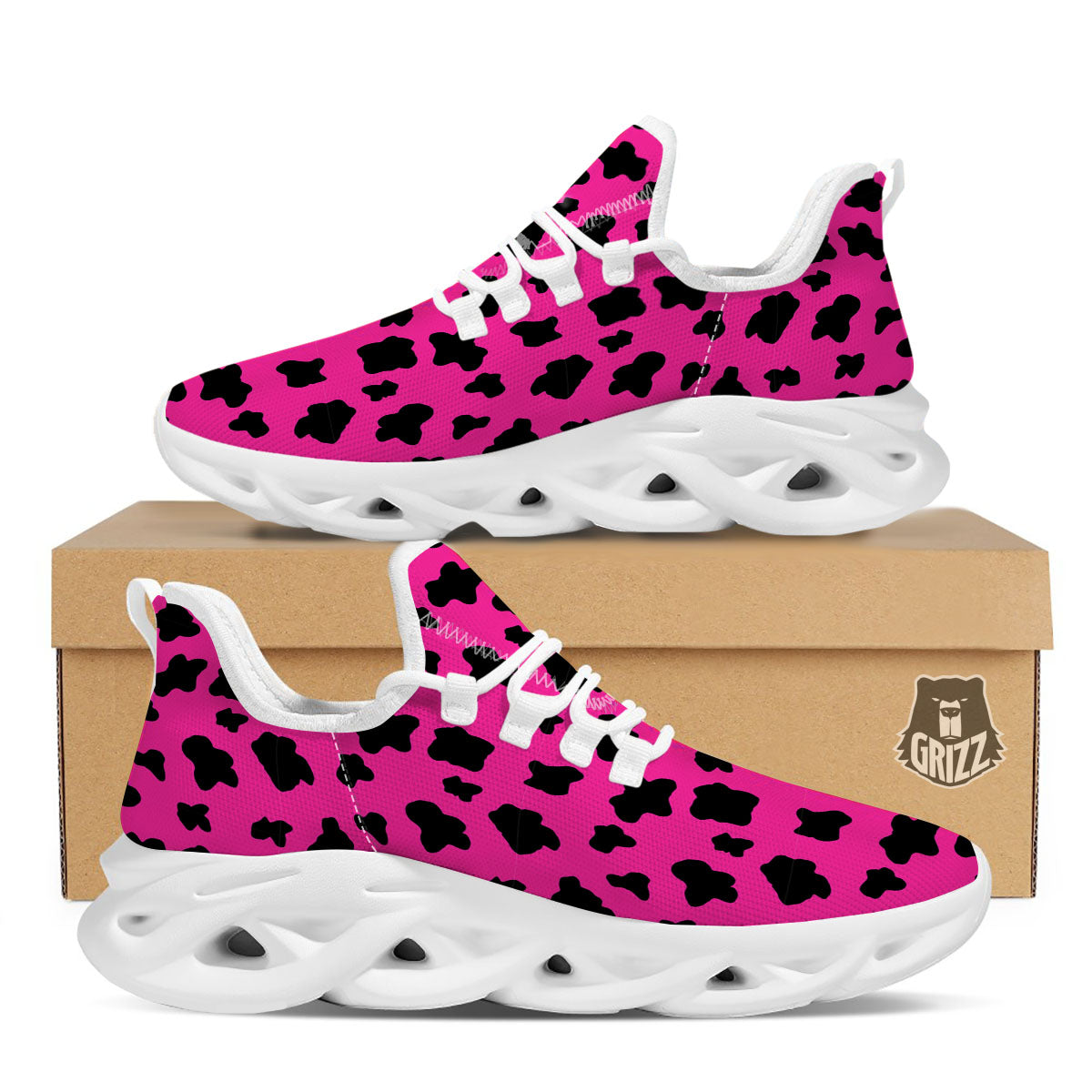 Hot Pink And Black Cow Print White Running Shoes-grizzshop