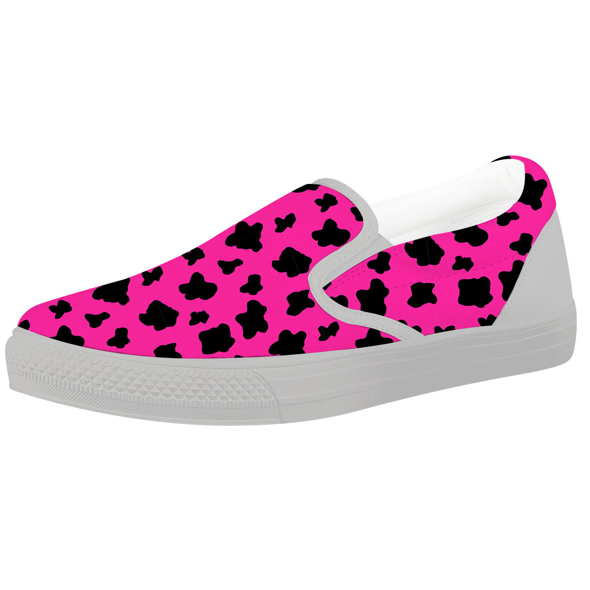 Hot Pink And Black Cow Print White Slip On Shoes-grizzshop