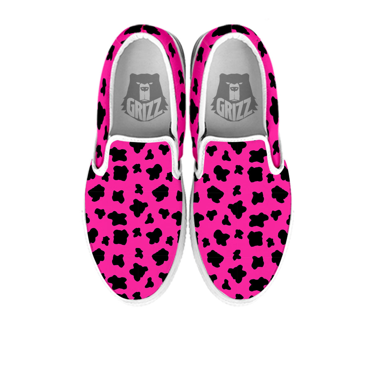 Hot Pink And Black Cow Print White Slip On Shoes-grizzshop