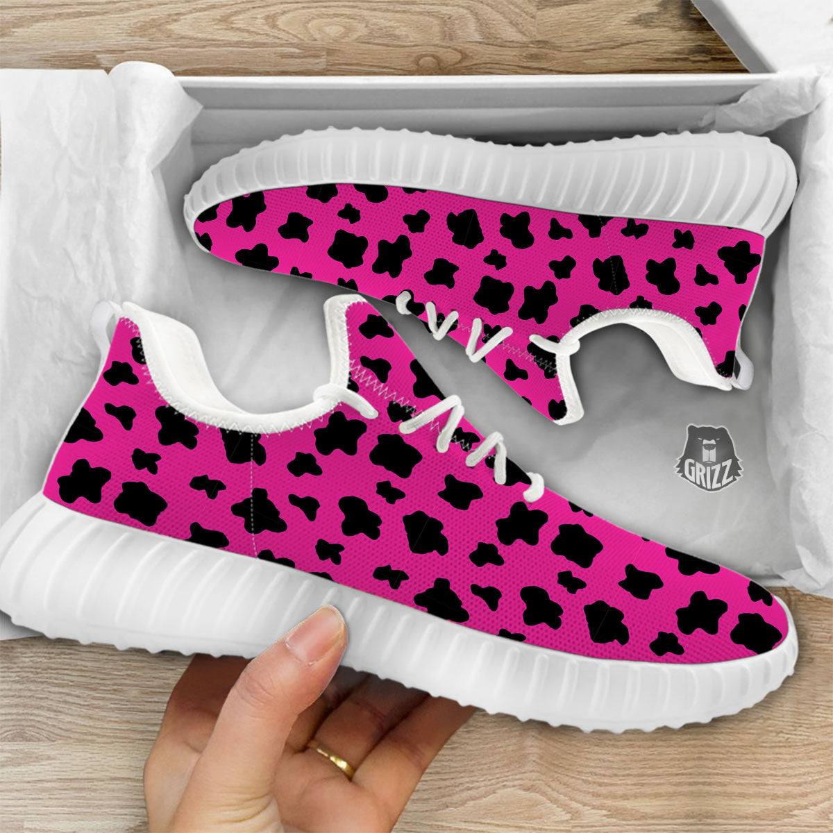 Hot Pink And Black Cow Print White Walking Shoes-grizzshop