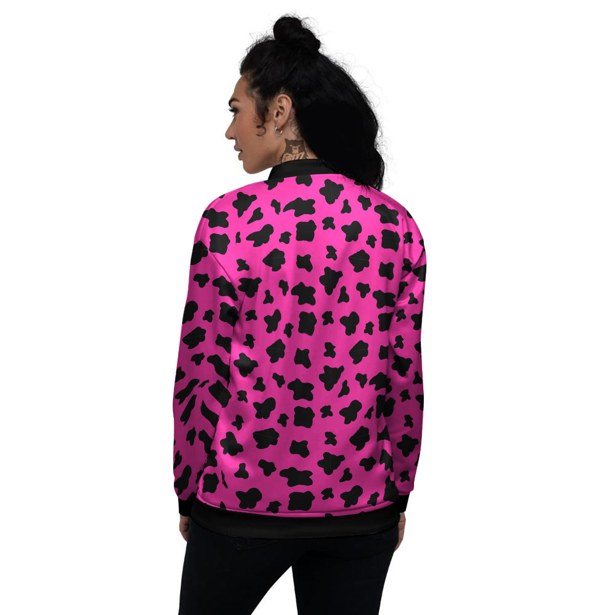 Hot Pink And Black Cow Print Women's Bomber Jacket-grizzshop