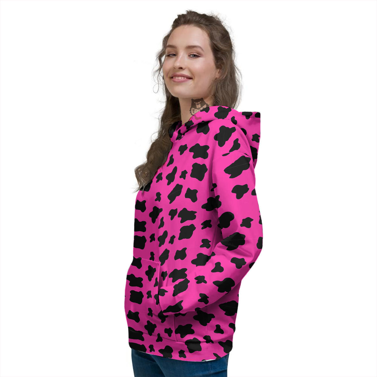 Hot Pink And Black Cow Print Women's Hoodie-grizzshop