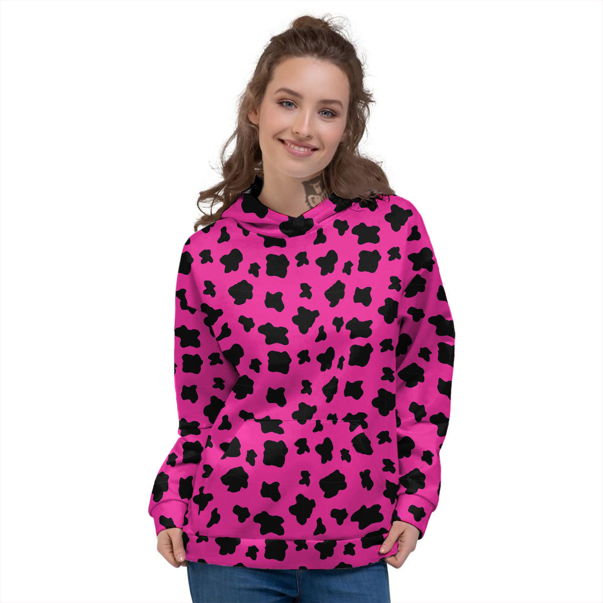 Hot Pink And Black Cow Print Women's Hoodie-grizzshop
