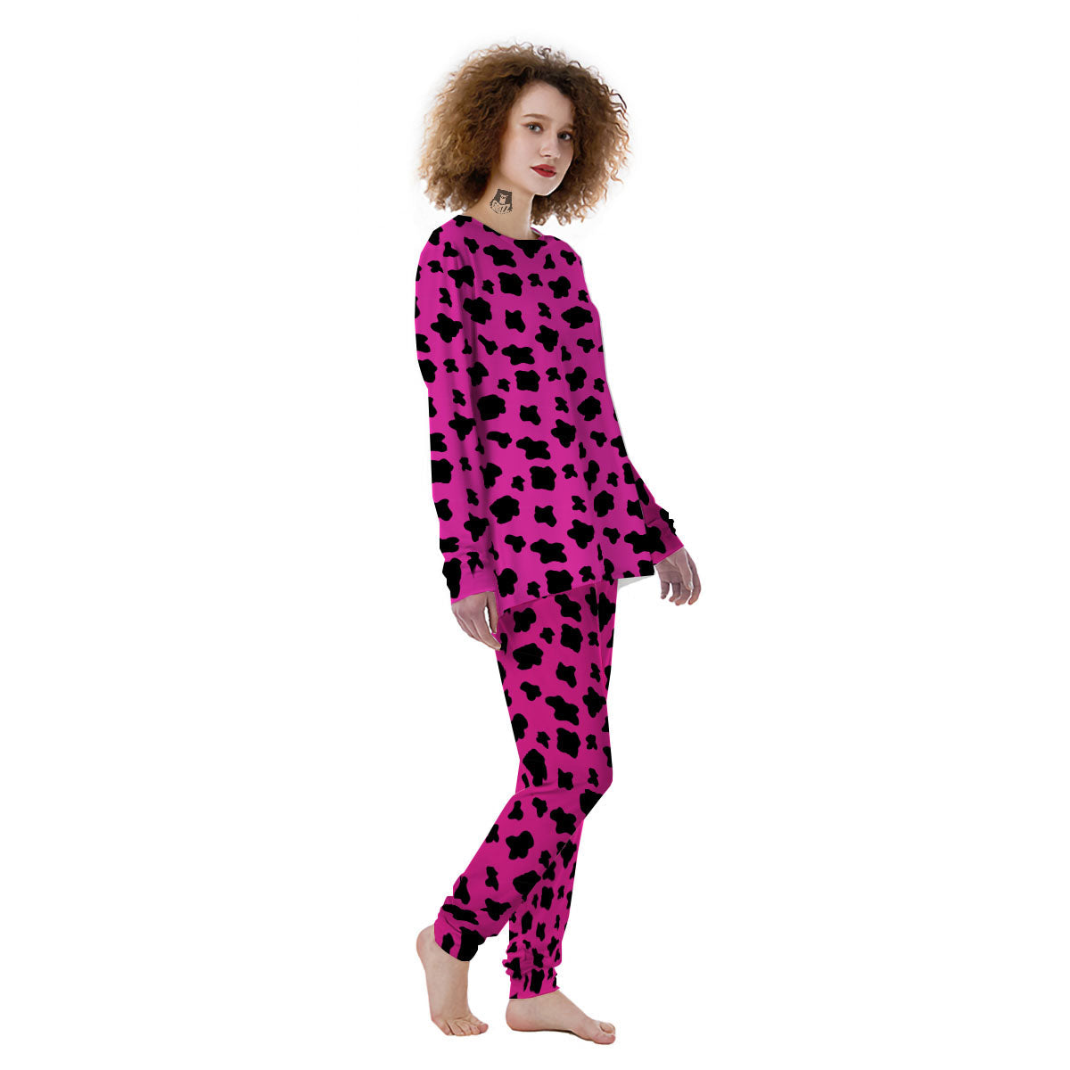Hot Pink And Black Cow Print Women's Pajamas-grizzshop