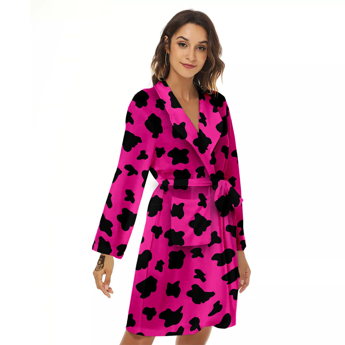 Hot Pink And Black Cow Print Women's Robe-grizzshop