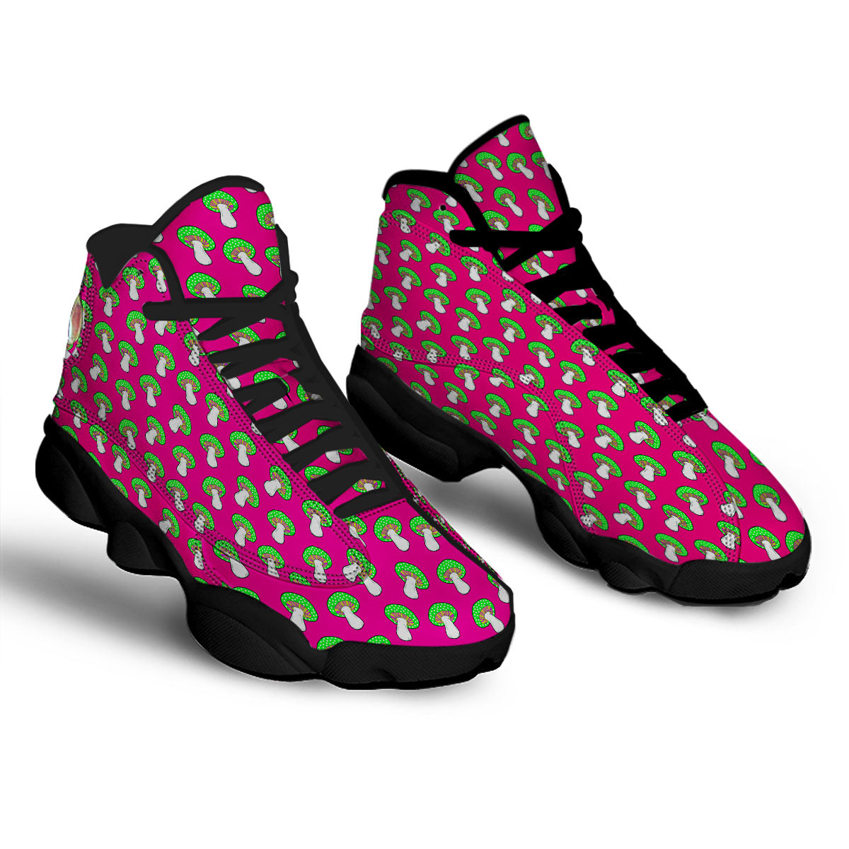 Hot Pink Crazy Mushroom Print Pattern Black Basketball Shoes-grizzshop