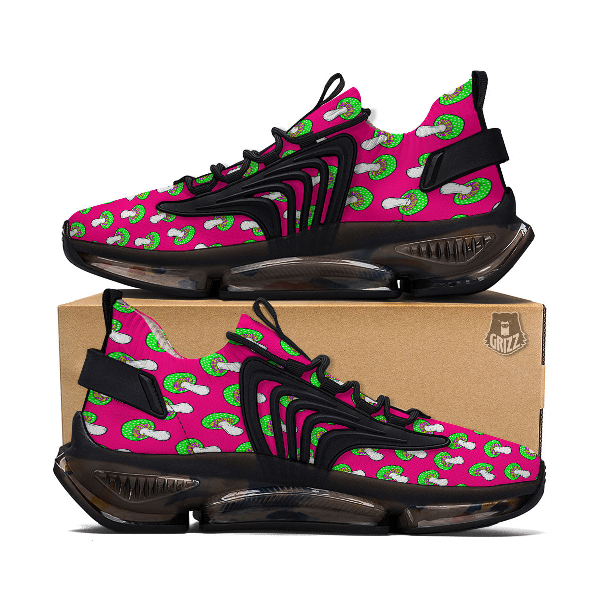 Hot Pink Crazy Mushroom Print Pattern Black Gym Shoes-grizzshop