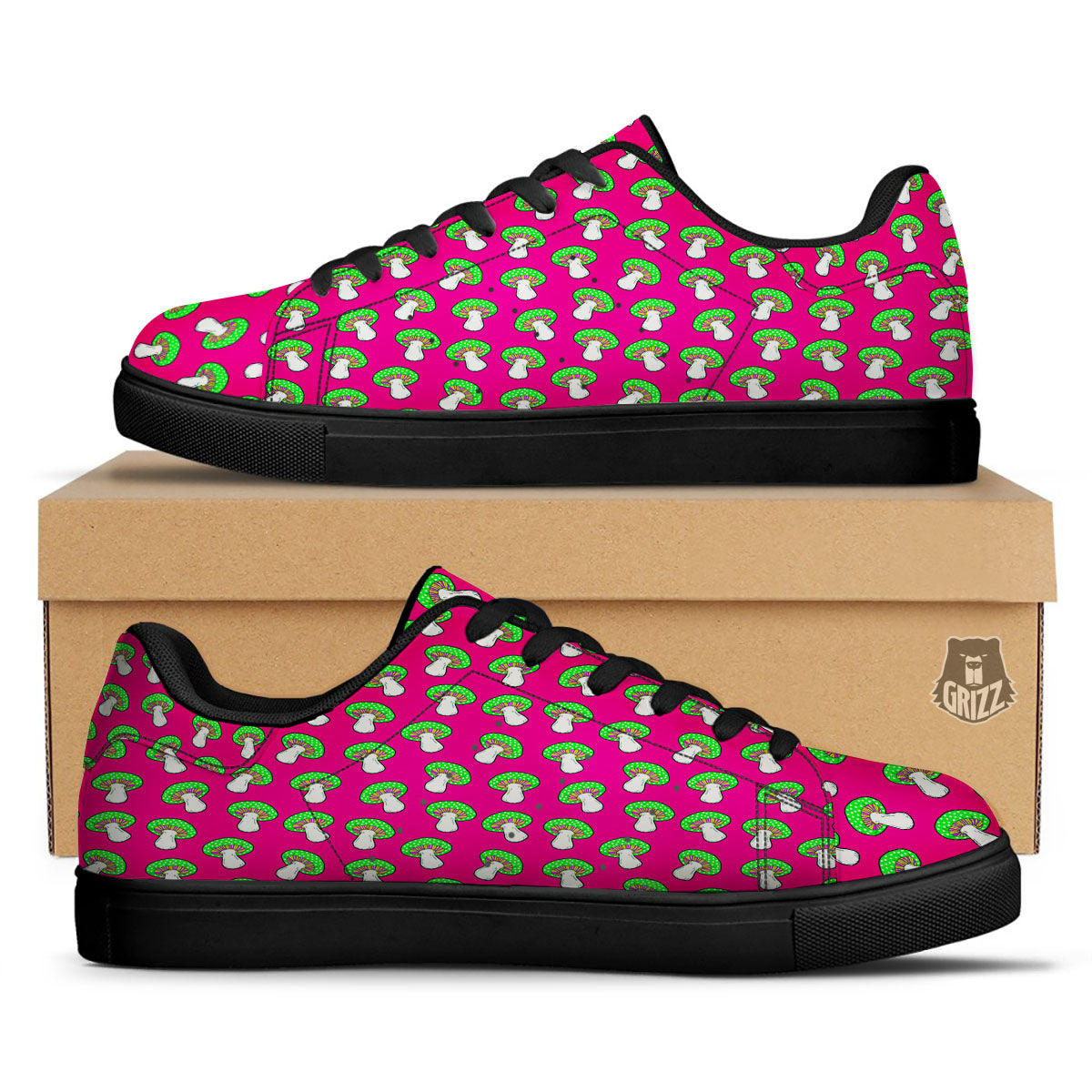 Hot Pink Crazy Mushroom Print Pattern Black Low Top Sneakers-grizzshop