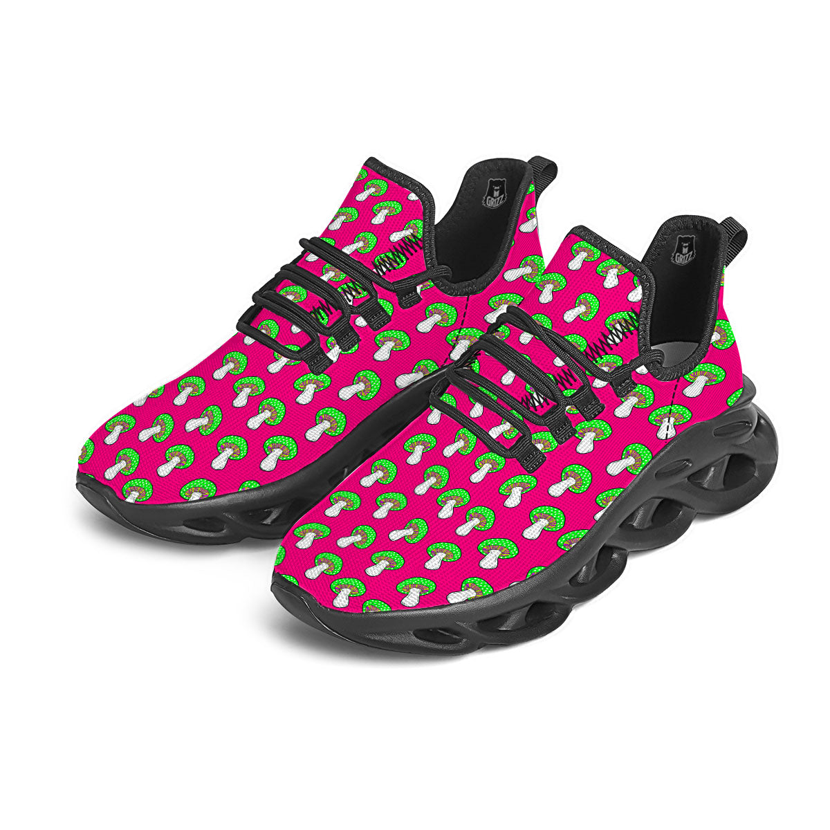 Hot Pink Crazy Mushroom Print Pattern Black Running Shoes-grizzshop