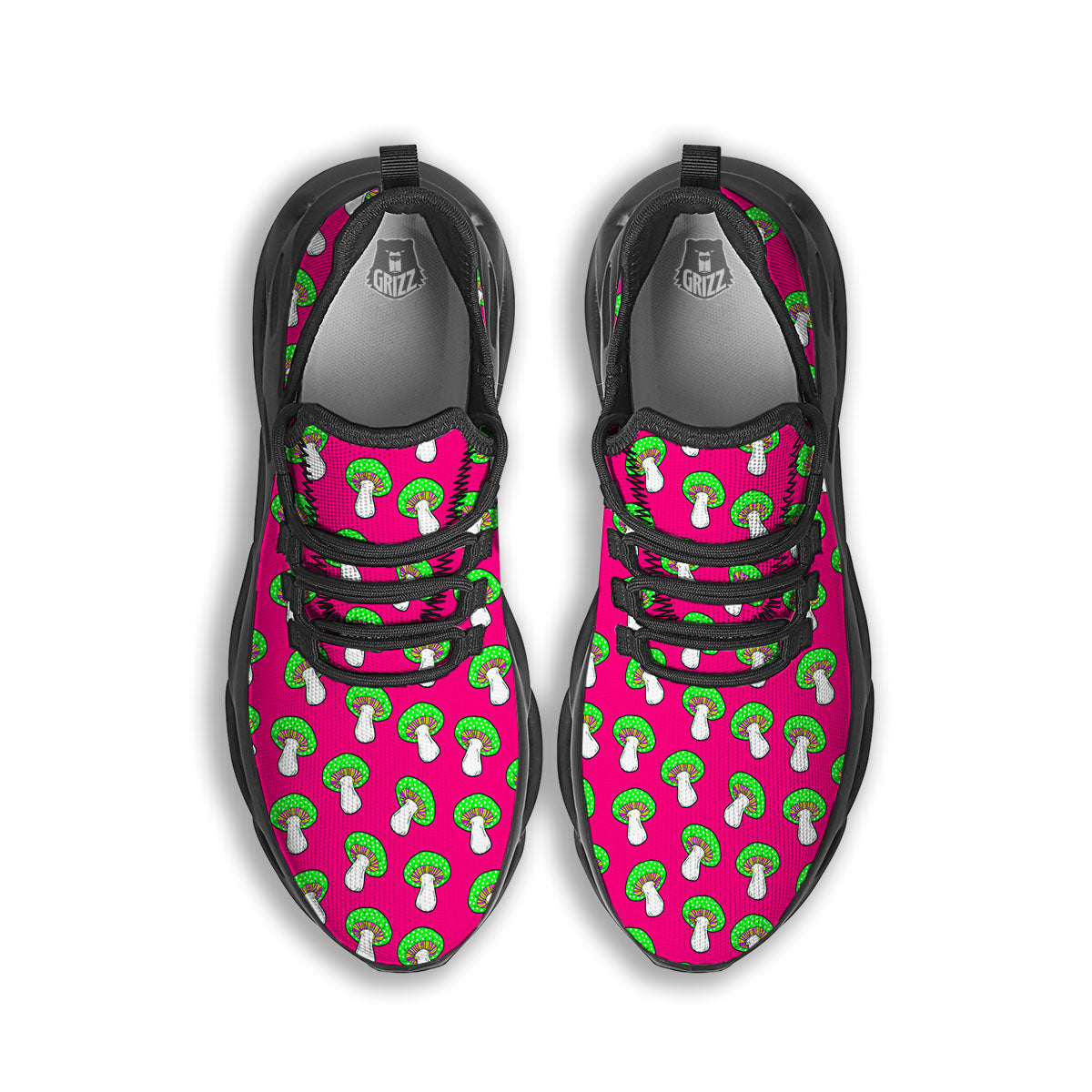 Hot Pink Crazy Mushroom Print Pattern Black Running Shoes-grizzshop