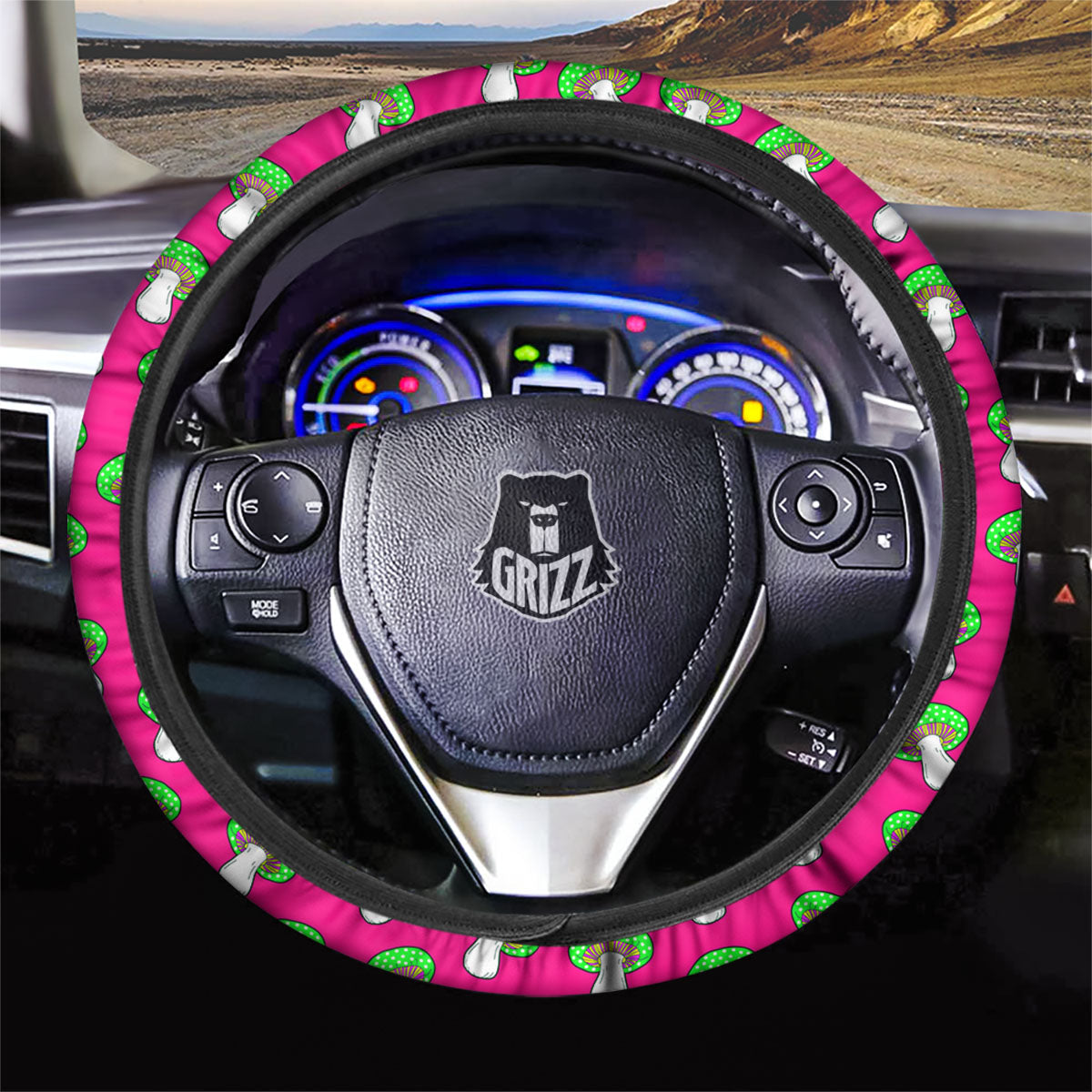 Hot Pink Crazy Mushroom Print Pattern Car Steering Wheel Cover-grizzshop