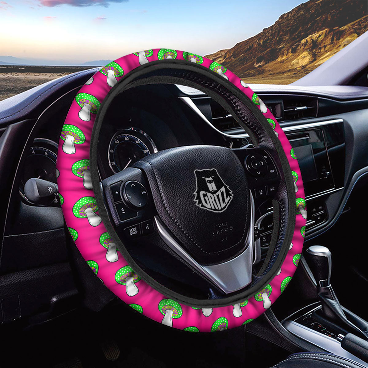 Hot Pink Crazy Mushroom Print Pattern Car Steering Wheel Cover-grizzshop