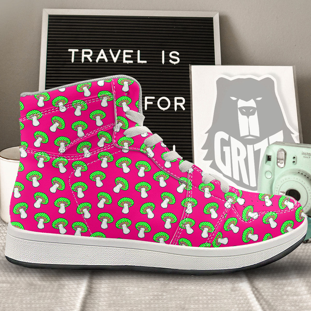 Hot Pink Crazy Mushroom Print Pattern High Top Sneakers-grizzshop