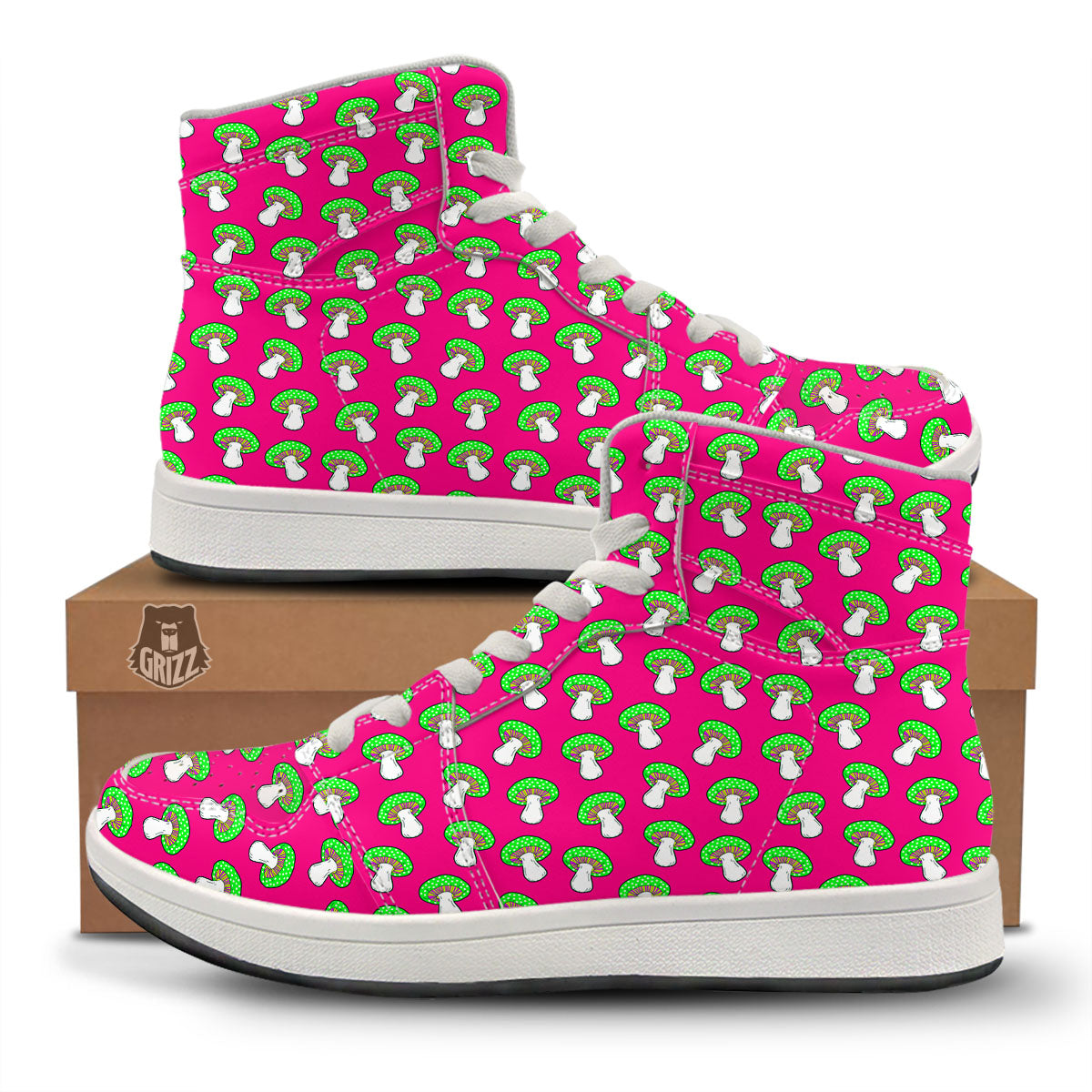 Hot Pink Crazy Mushroom Print Pattern High Top Sneakers-grizzshop