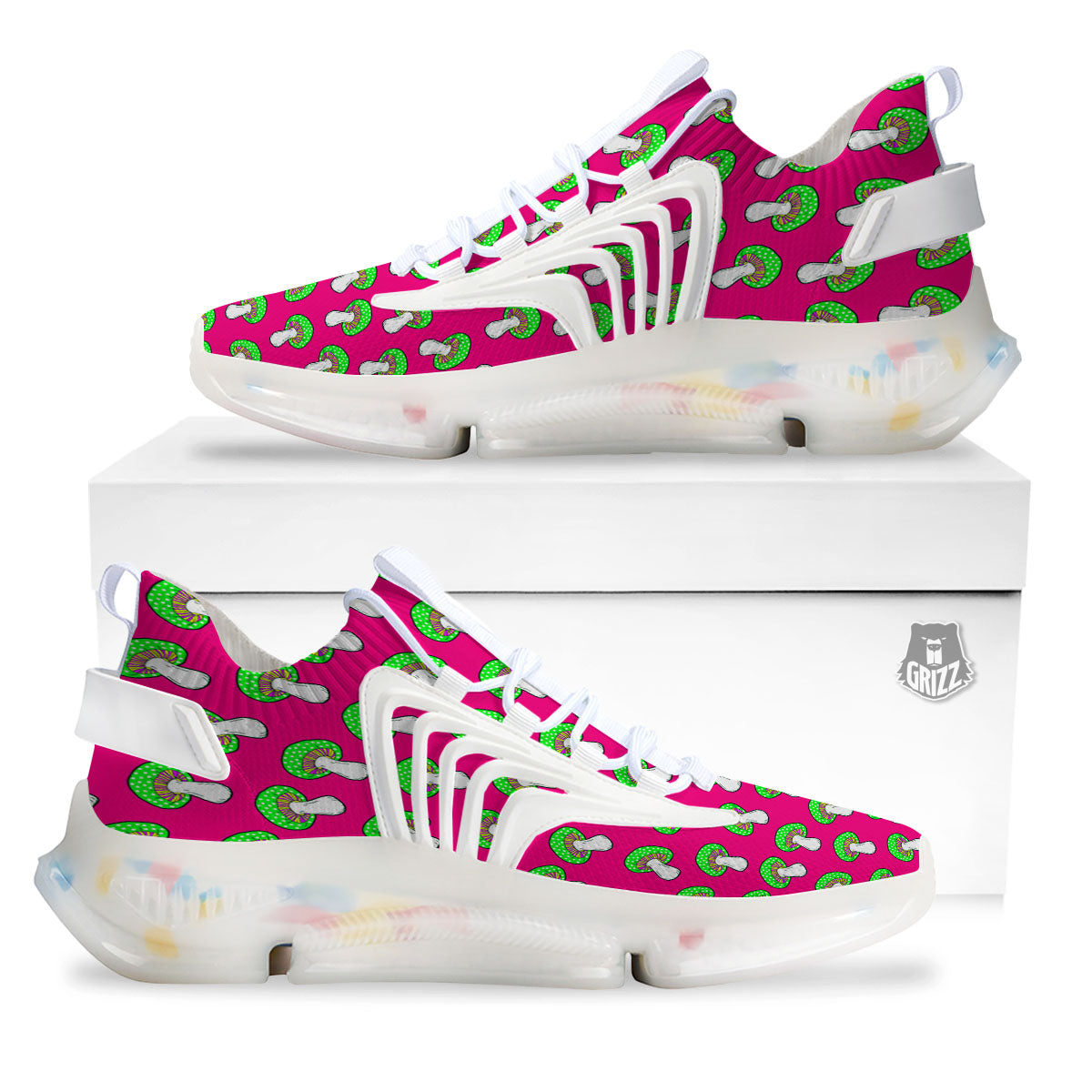 Hot Pink Crazy Mushroom Print Pattern White Gym Shoes-grizzshop