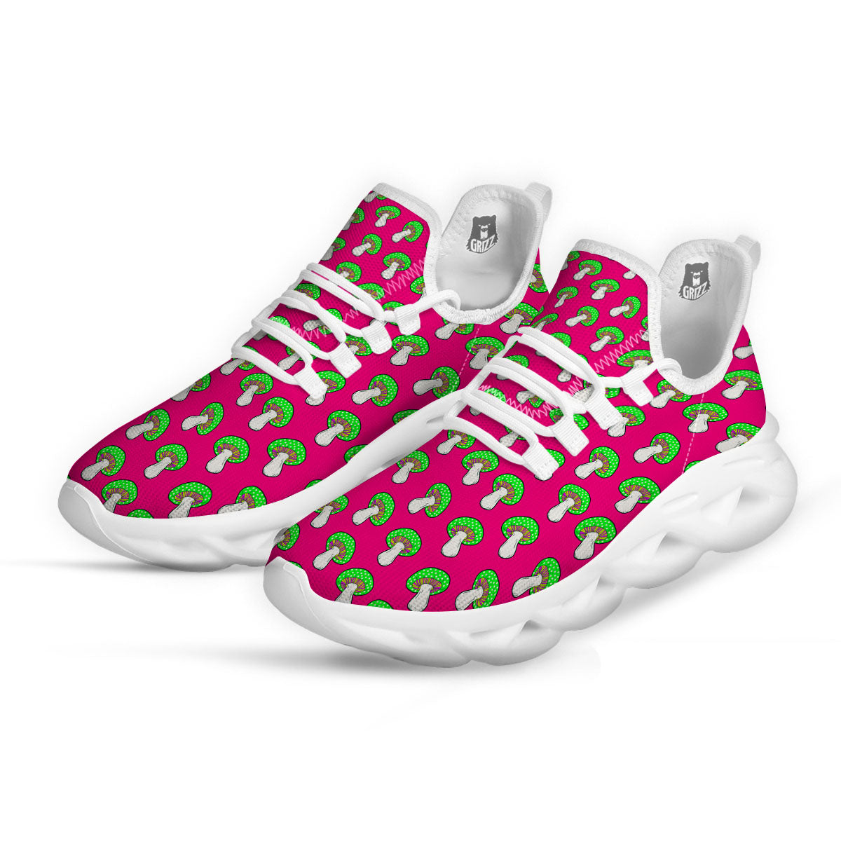 Hot Pink Crazy Mushroom Print Pattern White Running Shoes-grizzshop