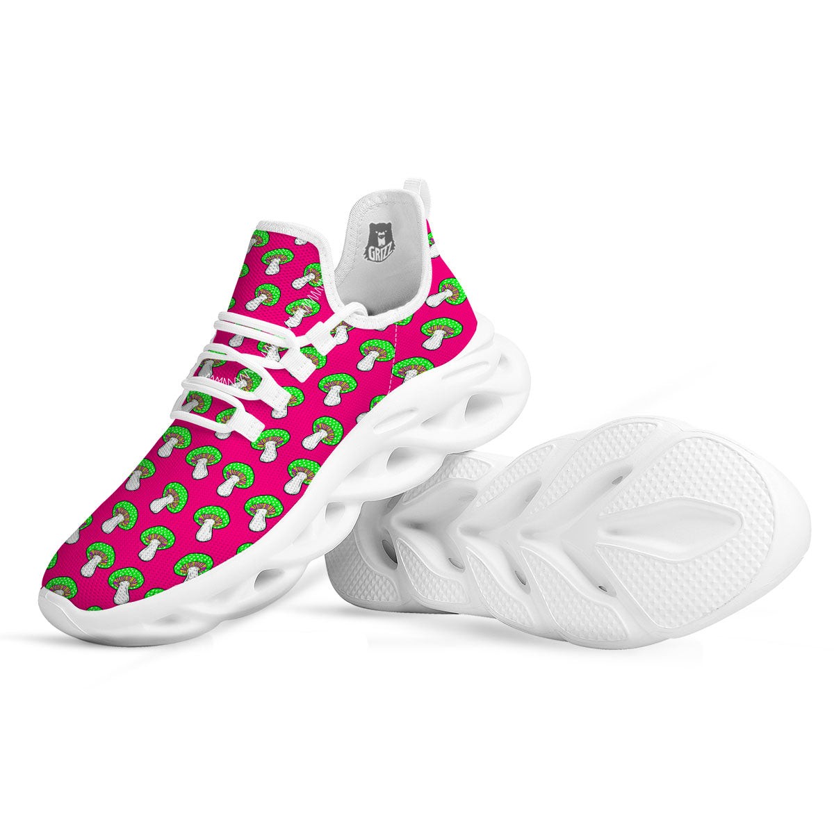 Hot Pink Crazy Mushroom Print Pattern White Running Shoes-grizzshop