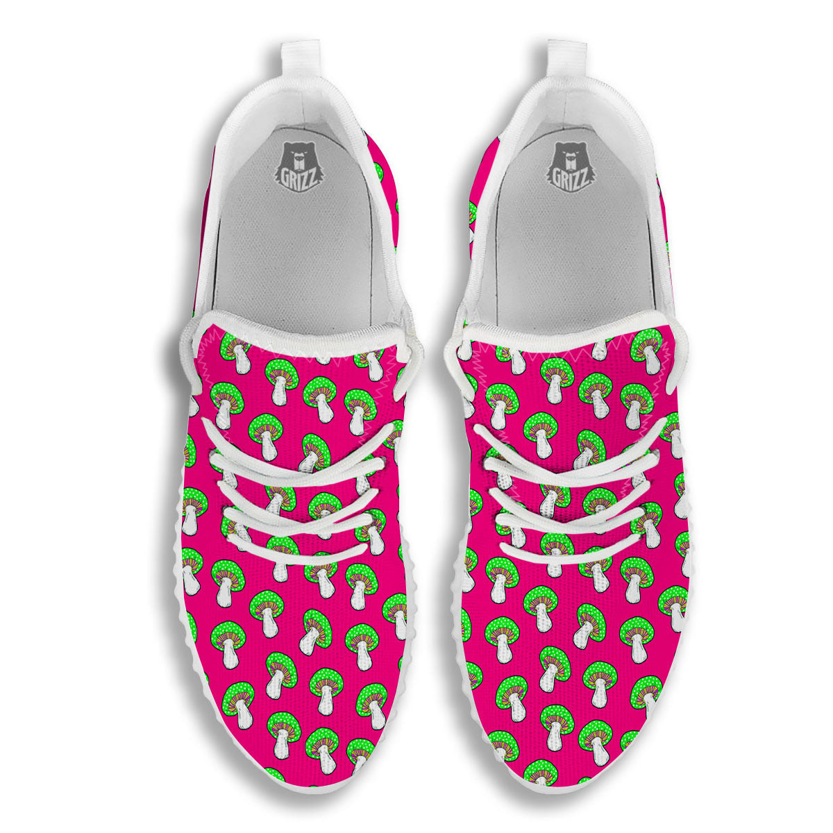Hot Pink Crazy Mushroom Print Pattern White Walking Shoes-grizzshop
