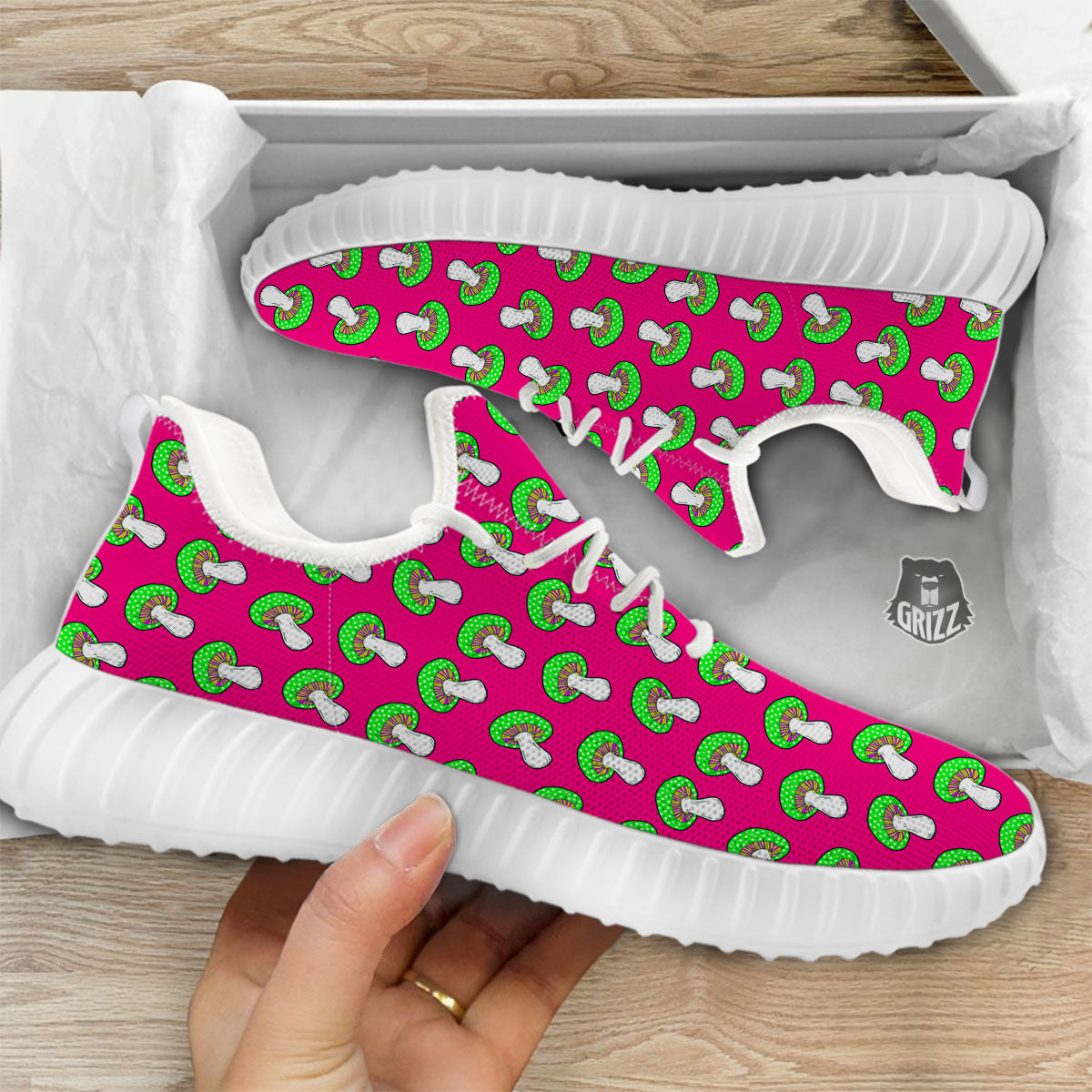 Hot Pink Crazy Mushroom Print Pattern White Walking Shoes-grizzshop