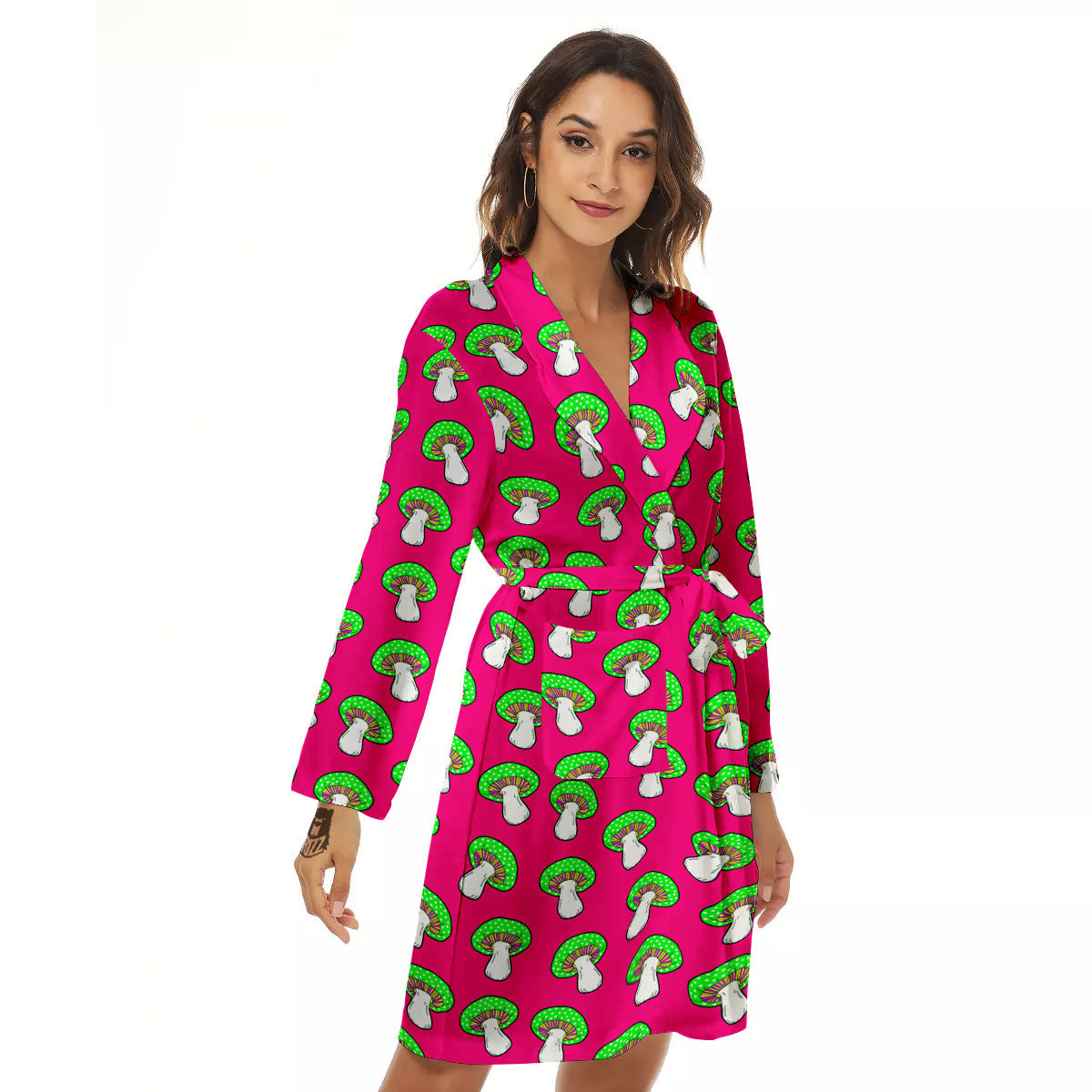 Hot Pink Crazy Mushroom Print Pattern Women's Robe-grizzshop