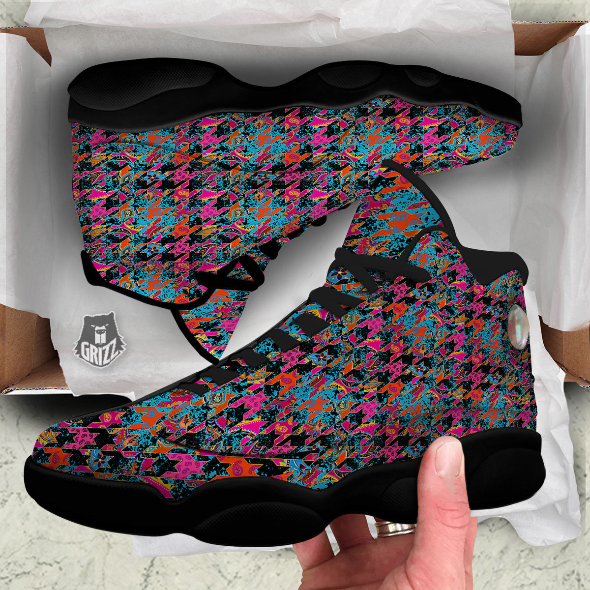 Houndstooth Abstract And Paisley Print Pattern Black Basketball Shoes-grizzshop