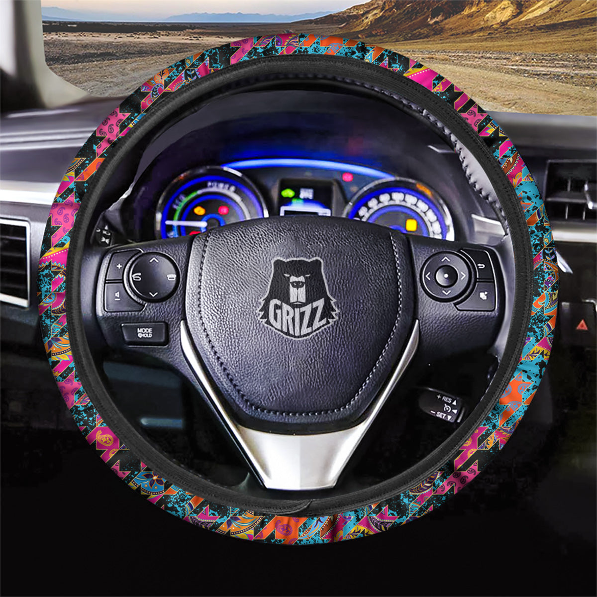 Houndstooth Abstract And Paisley Print Pattern Car Steering Wheel Cover-grizzshop