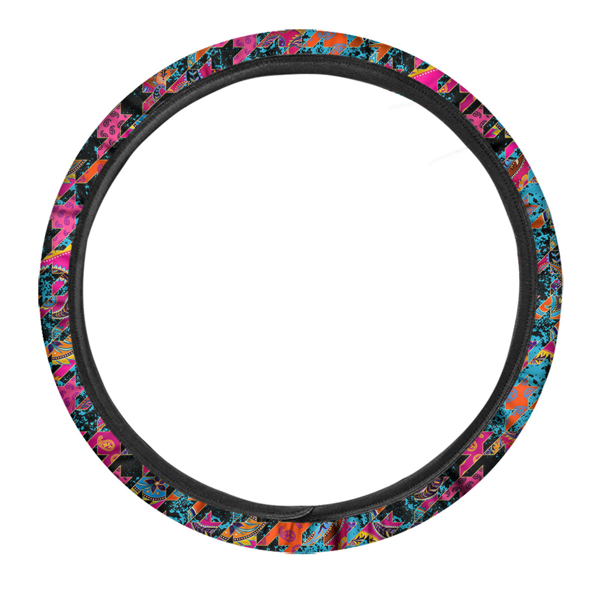 Houndstooth Abstract And Paisley Print Pattern Car Steering Wheel Cover-grizzshop