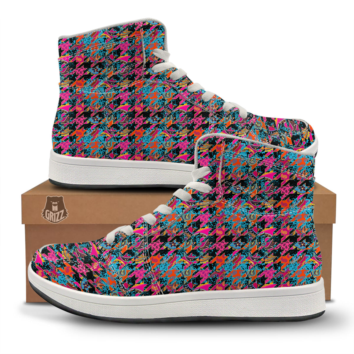 Houndstooth Abstract And Paisley Print Pattern High Top Sneakers-grizzshop