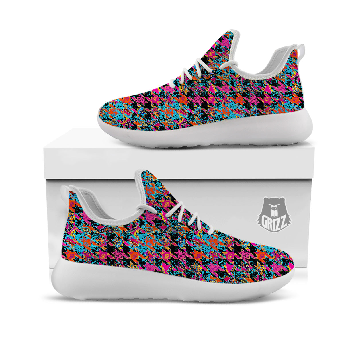 Houndstooth Abstract And Paisley Print Pattern White Athletic Shoes-grizzshop
