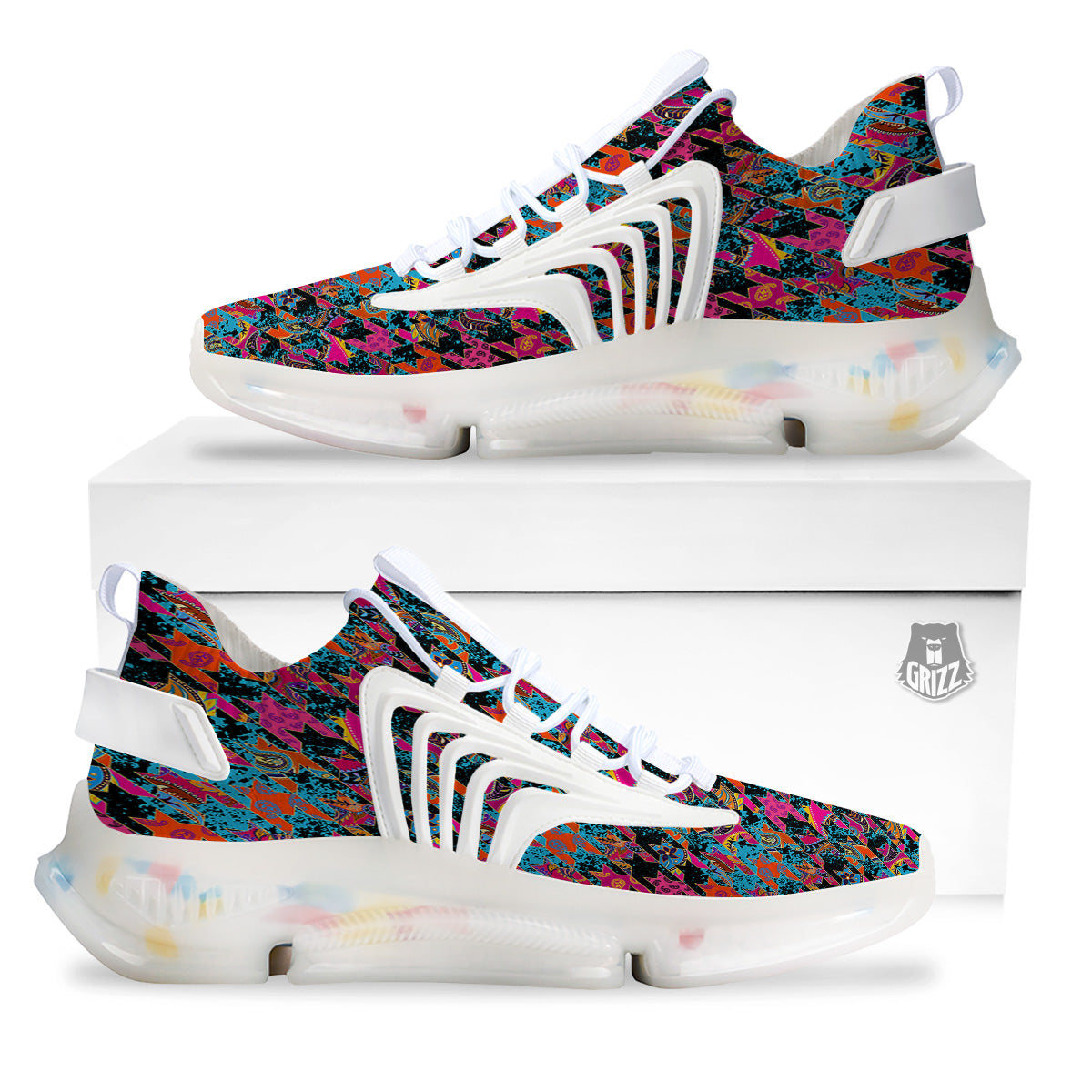 Houndstooth Abstract And Paisley Print Pattern White Gym Shoes-grizzshop