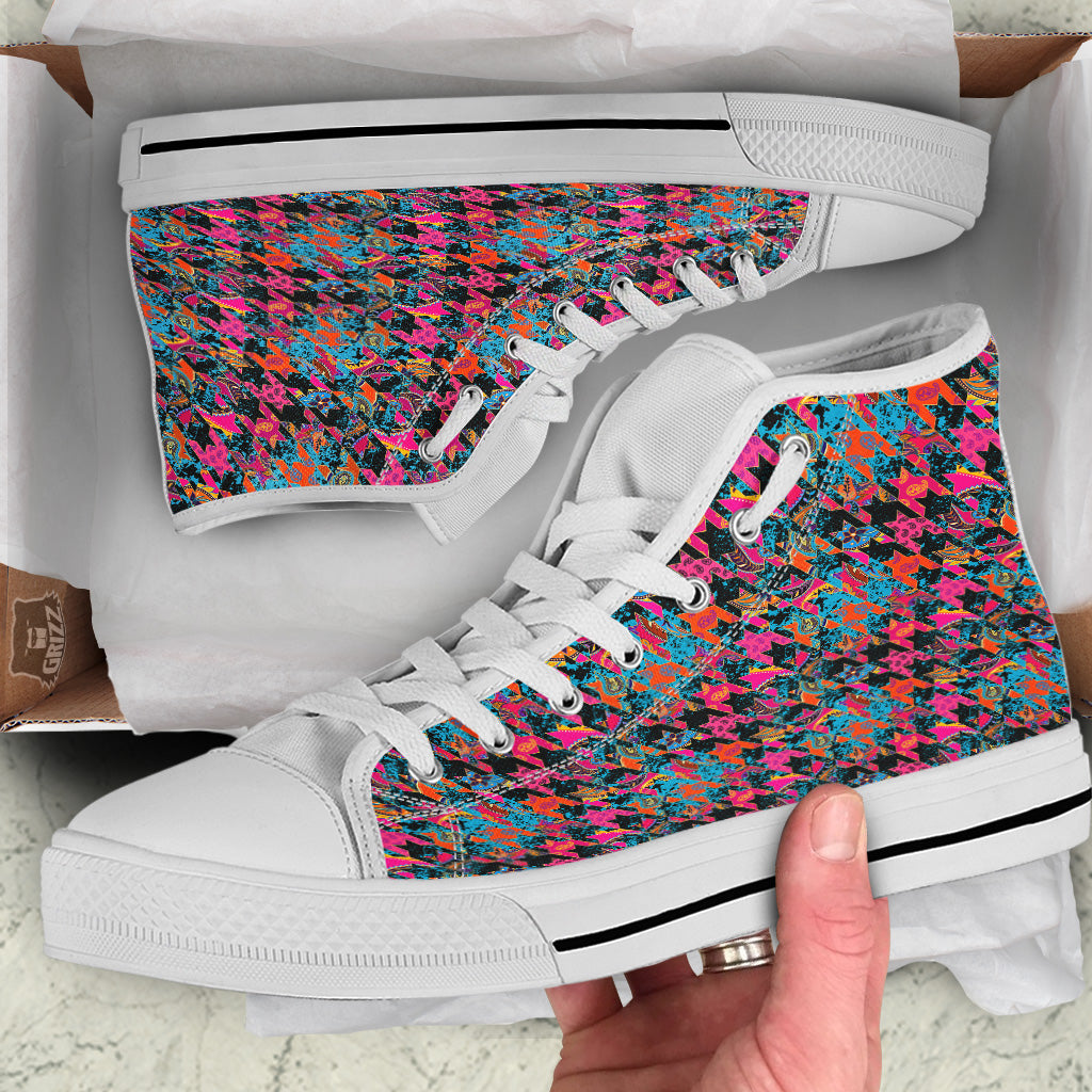 Houndstooth Abstract And Paisley Print Pattern White High Top Shoes-grizzshop