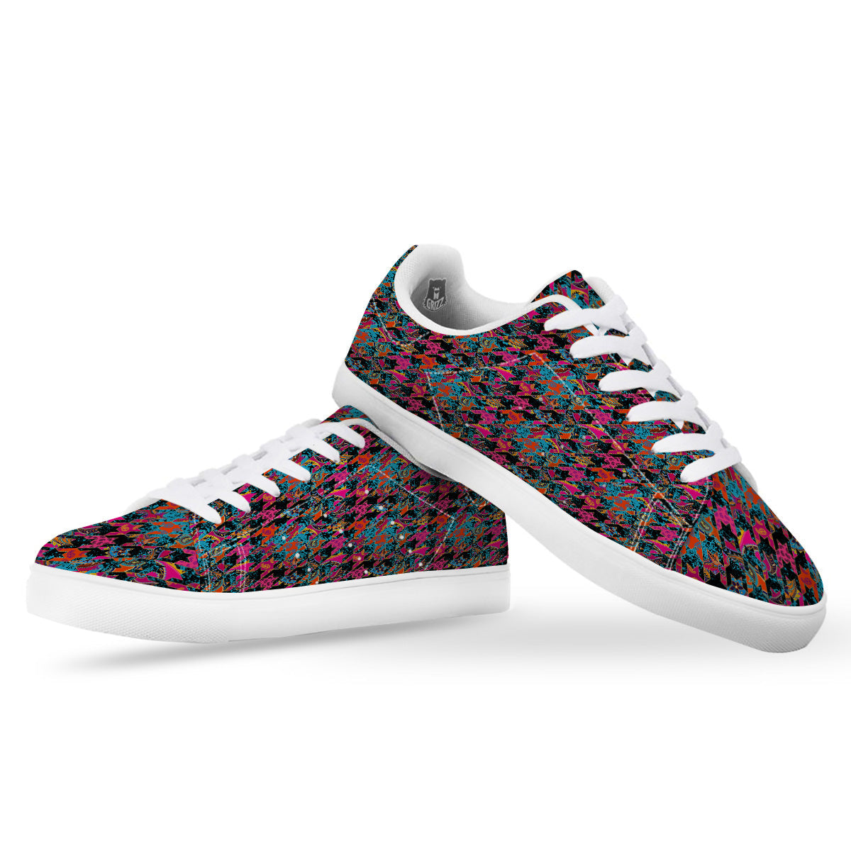 Houndstooth Abstract And Paisley Print Pattern White Low Top Sneakers-grizzshop