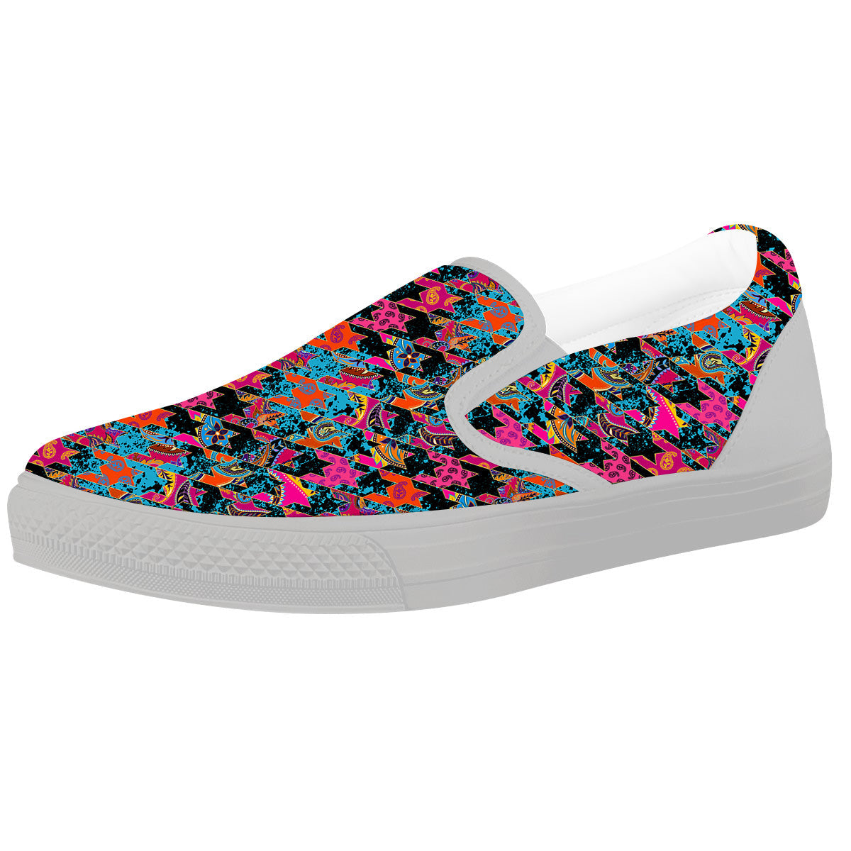 Houndstooth Abstract And Paisley Print Pattern White Slip On Shoes-grizzshop