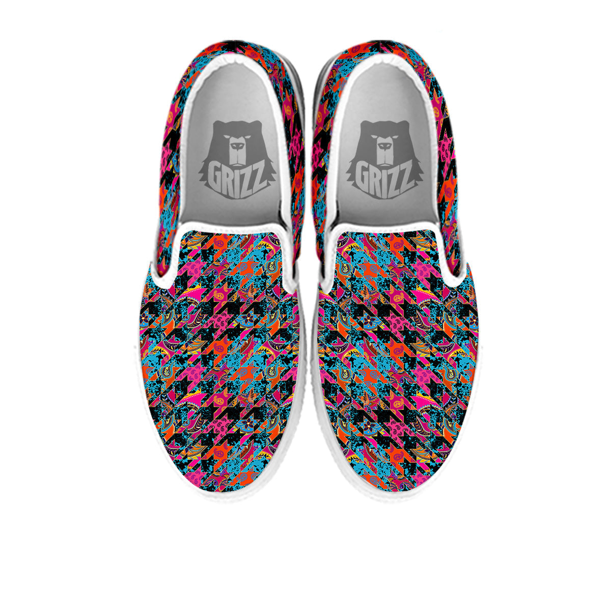 Houndstooth Abstract And Paisley Print Pattern White Slip On Shoes-grizzshop