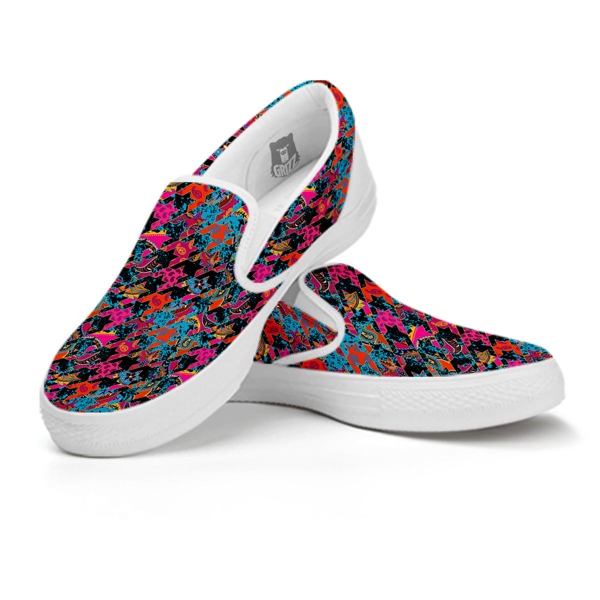 Houndstooth Abstract And Paisley Print Pattern White Slip On Shoes-grizzshop