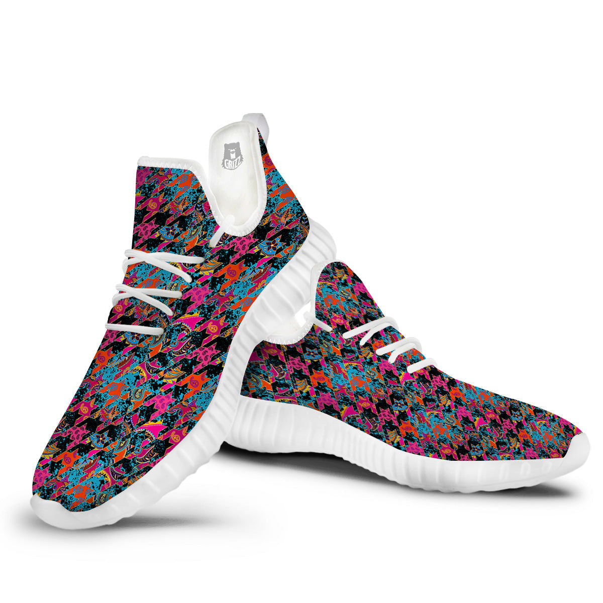 Houndstooth Abstract And Paisley Print Pattern White Walking Shoes-grizzshop
