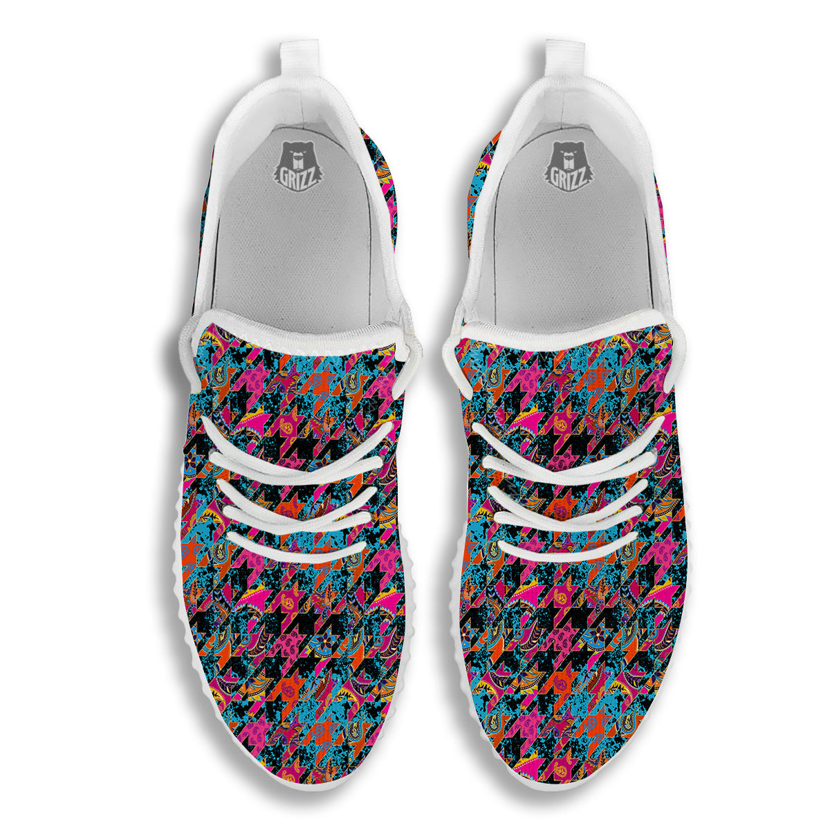 Houndstooth Abstract And Paisley Print Pattern White Walking Shoes-grizzshop