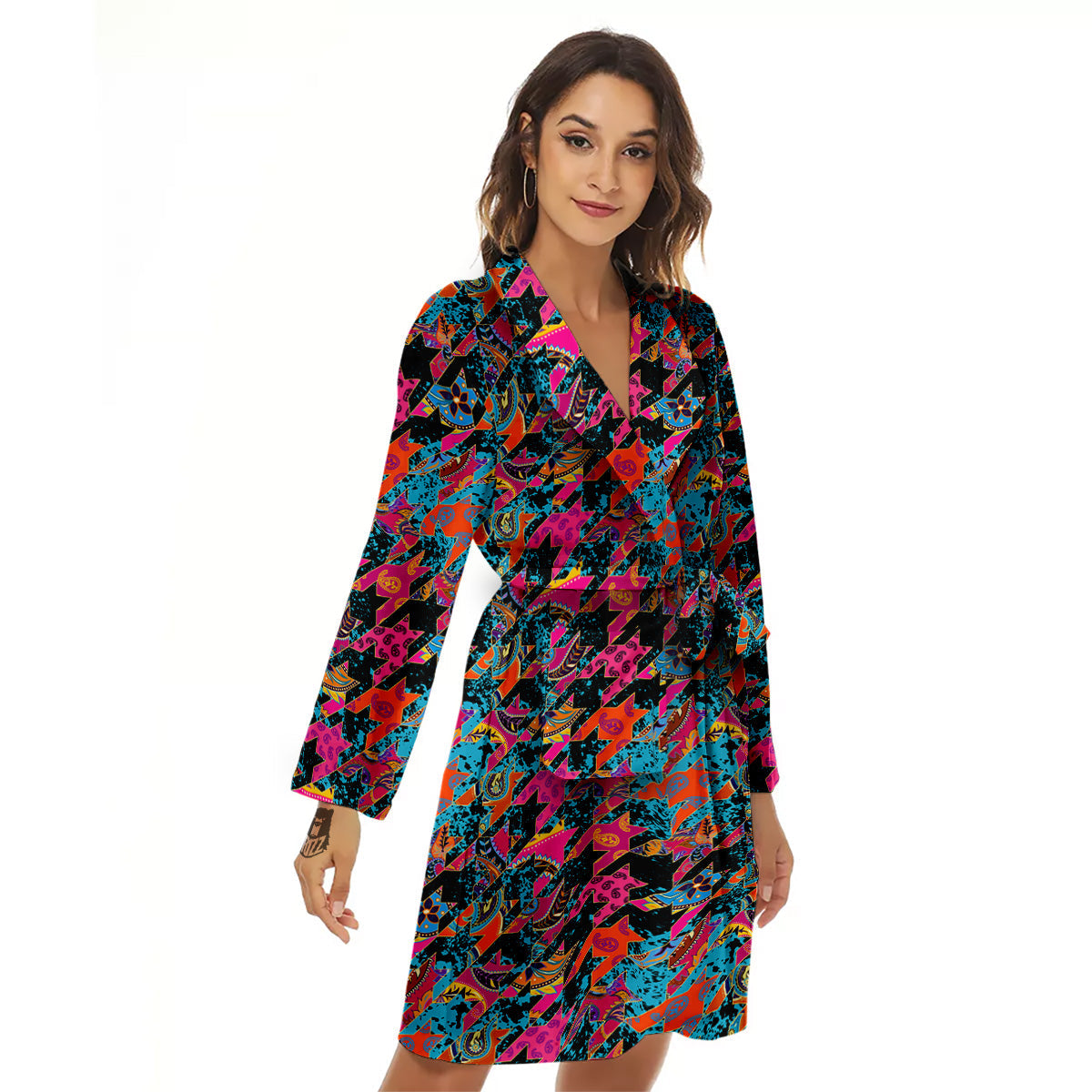 Houndstooth Abstract And Paisley Print Pattern Women's Robe-grizzshop