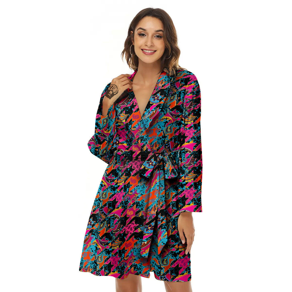 Houndstooth Abstract And Paisley Print Pattern Women's Robe-grizzshop